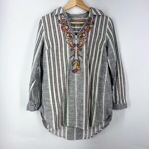 Soft Surroundings Aruba Embroidered Boho Tunic Grey White Womens Blouse